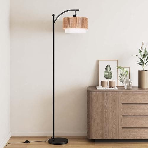 SUNMORY Floor Lamps for Living Room with 12W LED Bulb, Arc Floor Lamp with 3 Color Temperatures, Farmhouse Floor Lamps with Adjustable Rattan & Fabric Shades, Boho Standing Lamp for Bedroom, Corner thumbnail 8