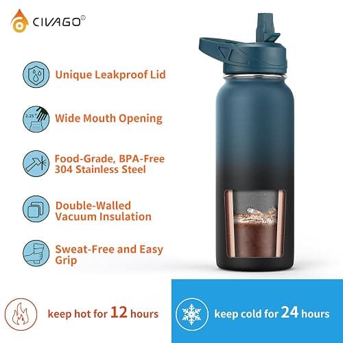 CIVAGO 32 oz Insulated Stainless Steel Water Bottle With Straw and 3 Lids | Large Metal Sports Water Jug, Leakproof Reusable Wide Mouth Thermal Flask Cup with Silicone Boot, BPA-Free, Black thumbnail 5