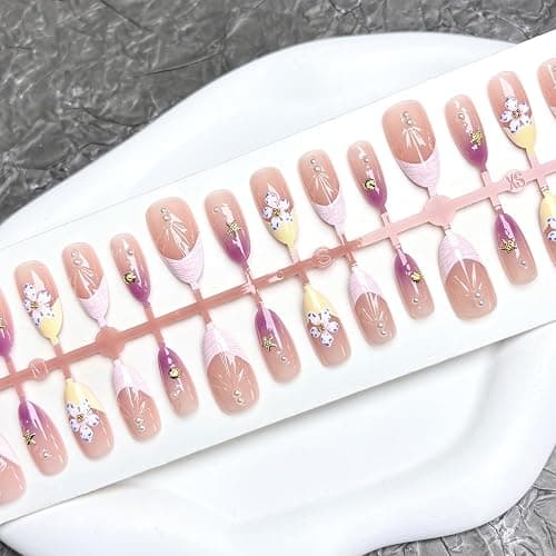 30pcs French Tip Press on Nails Medium Almond False Nails Summer Beach Style Seashell Starfish Flower Pattern 3D Handmade French Almond Shape Fake Nail Rhinestones Nails for Women Daily Wear thumbnail 2