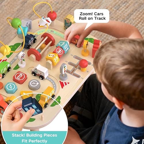 Wooden Montessori Activity Table for Toddlers, Baby Busy Table with Bead Maze, Shape Sorter, Cars & Road Signs, Traffic Learning Activity Center Sensory Toys for Birthday Gift Boys Girls 1+ Year Old thumbnail 5