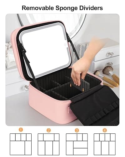 Relavel Makeup Bag with LED Mirror, Small Travel Makeup Case with Rechargeable Lighted Mirror 3 Color Lights, Double Layer Cosmetic Box Makeup Brush Lipstick Holder Organizer for Women, Pink thumbnail 3