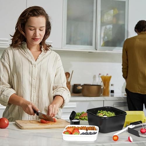 Greentainer Lunchbox Auslaufsichere Bento Box mit 1 Gabel, Salatbehälter mit Dressingbehälter, 3 Fächer Salatbox-to-go für Schule,Arbeit,Picknick, Reisen,Camping (Schwarz, 1500 ML) thumbnail 2