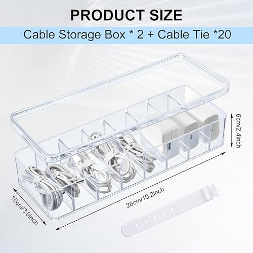 Tatuo 2 Pcs Cable Organizer Box with Wire Ties, Plastic Cord Storage Box with Lid, Electronics Organizer for Home Office Desk Organizers and Accessories (Clear) thumbnail 2