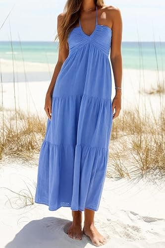 AmySister Women's Casual Halter Tiered Vacation Maxi Dress with Pockets thumbnail 5