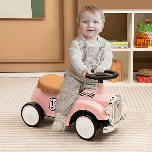 HONEY JOY Ride On Push Car, Outdoor Toddler Riding Toys w/Steering Wheel, Horn & Storage, Foot-to-Floor Sliding Car, No Batteries, Retro Baby Ride On Toys for Boys and Girls (Pink) thumbnail 2