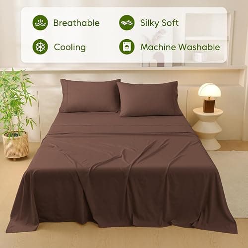 MCO Cooling Queen Sheets Set, Rayon Derived from Bamboo Sheets, Luxury & Silky Bedding Set with 16" Deep Pocket (Queen, Chocolate Brown) thumbnail 4