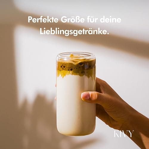 KIVY Trinkgläser Set mit Glas Strohhalm [4x 450ml] Eiskaffee, Wasser & Matcha Glas - Longdrinkgläser Set - Kaffee & Matcha Gläser - Kaffeegläser - Latte Macchiato Gläser - Hohe Cocktailgläser thumbnail 3