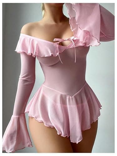 OYOANGLE Women's 2 Piece Off Shoulder Long Sleeve Ruffle Mesh Sheer Nightgowns with Thongs Babydoll Lingerie Set thumbnail 3