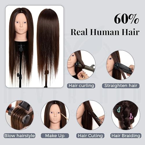 Mannequin Head 80% Human Hair - 28 Inch Make up Cosmetology Manikin Practice Doll Head with Hair,Braiding Hairdressing Head for Hair Styling with Table Clamp + DIY hair Styling Set thumbnail 4