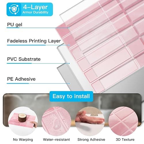 Art3d 11.4 x 9 Inch Heavy-Duty Peel and Stick PVC Backsplash for Home Décor, 10-Pack PVC Wall Tiles for Kitchen Countertop, Pink Marble thumbnail 7