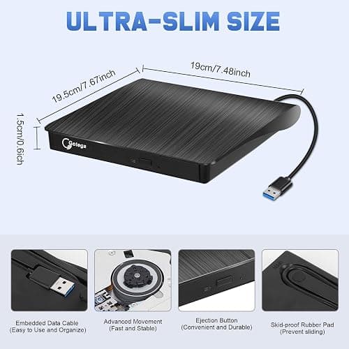 Gotega External DVD Drive, USB 3.0 Portable +/-RW, DVD Player for CD ROM Burner Compatible with Laptop Desktop PC Windows Linux OS Apple Mac Black thumbnail 5
