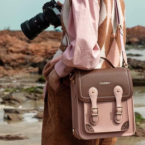 Cwatcun Camera Bag for Women, Retro Camera Crossbody Case, Vintage PU Leather Waterproof Camera Backpack, Lightweight Camera Handbag, Compatible with Canon/Nikon/Sony SLR/DSLR Mirrorless Camera, Lens thumbnail 2