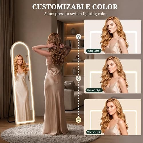 Arched LED Full Length Mirror with Lights, 60"x16" Lighted Full Body Mirror | Dimmable & 3-Color Lighting, Standing Leaning Wall Mounted Mirror for Bedroom, Dressing Room, Cloakroom thumbnail 3