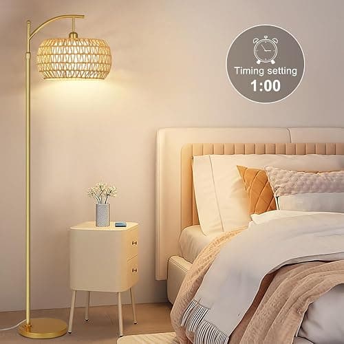 Gold Floor Lamp for Living Room with 3 Color Temperatures,Arc Boho Floor Lamps with Remote Control, Rattan Standing Lamp with Wicker Lamp Shades Dimmable Tall Floor Lamp For Bedroom Living Room Corner thumbnail 3