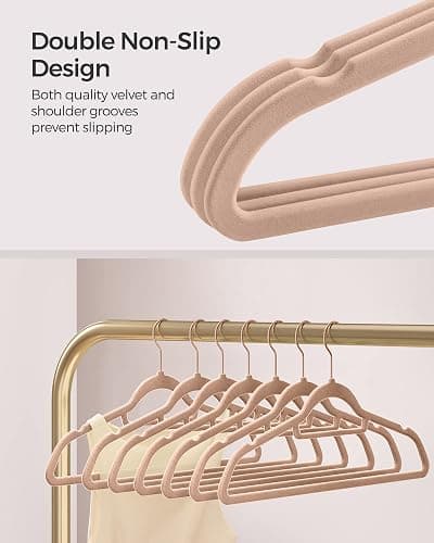 SONGMICS Velvet Hangers, Set of 50 Clothes Hanger with Rose Gold Swivel Hook, Non-Slip, and Space-Saving, 0.2-Inch Thick, 17.1-Inch Long for Coat, Shirt, Dress, Pants, Tie, Caramel Brown UCRF021LB50 thumbnail 4