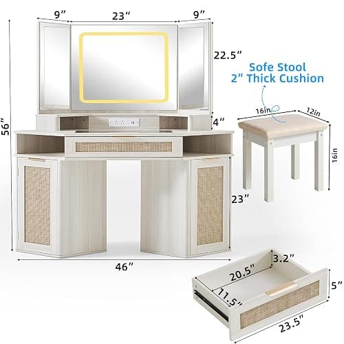 Lerliuo Corner Vanity Desk with 3 Way Mirror and Lights, 46'' Rattan Makeup Vanity with Glass Top Drawer, Boho White Make Up Storage Cabinets with Charger for Bedroom thumbnail 2