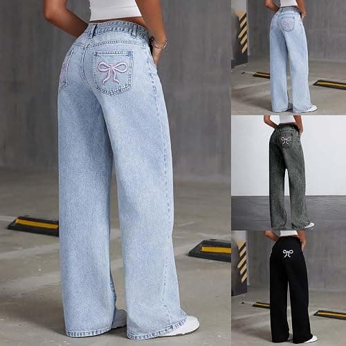 Bow Jeans for Teen Girls Trendy High Waisted Straight Leg Denim Pants Baggy Kids Trousers Y2K Streetwear Clothes 11-16Years thumbnail 7