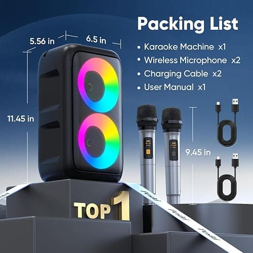Karaoke Machine for Adults Kids, Portable Bluetooth Speaker with 2 Wireless Microphones, TWS Mode & LED Light, 10H Battery PA System Stage Monitors,Home Party Outdoor Birthday Easter Gifts(Black) thumbnail 9