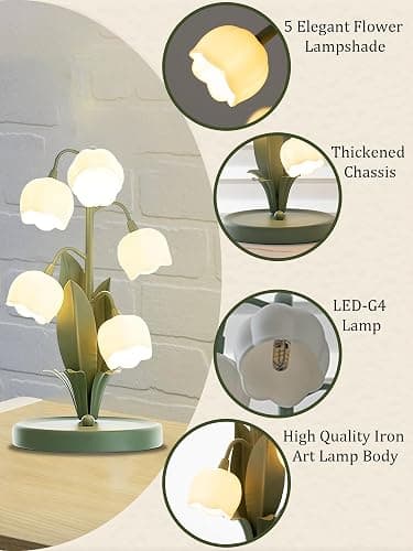 Green Flower Lamp for Home,Bedside Vintage Table Lamps,5 Lily of The Valley Reading Lights,3 Colors Modes Kawaii Bedside Lamp Decor,with G4 Bulb Nightstand Light for Living Room Office Bedroom - Green thumbnail 3