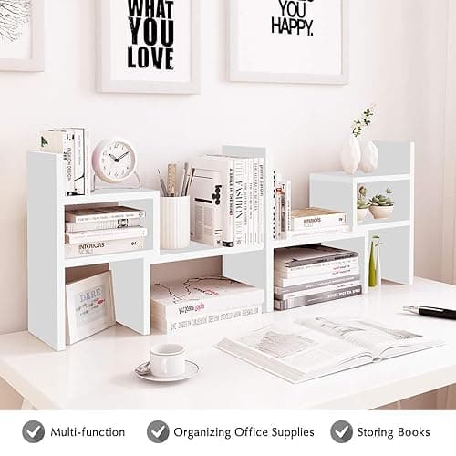 Jerry & Maggie - Desktop Organizer Office Storage Rack Adjustable Wood Display Shelf | Birthday Gifts - Toy - Home Decor | - Free Style Rotation Display - True Natural Stand Shelf (White) - White thumbnail 7