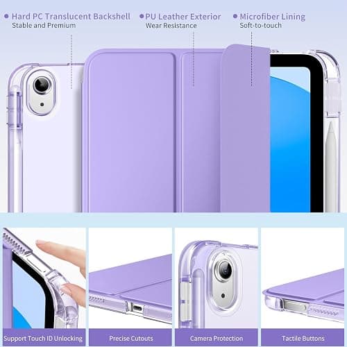 MoKo for iPad (A16) 11th Generation Case 11 Inch 2025, iPad 10th Generation Case 10.9 Inch 2022 with Pencil Holder, Slim Light Trifold Protective Cover with Hard PC Translucent Back Shell, Lilac thumbnail 3