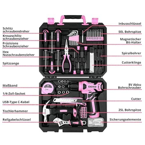Werkzeugkoffer Akkuschrauber Werkzeugkasten Werkzeug Koffer Werkzeugset：DEKO Werkzeugkiste Bestückt 126-tlg. professionelle Werkzeugkiste für Heimwerker, für Büros und Garten, Rosa thumbnail 3