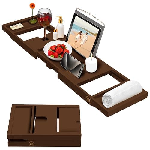 Foldable Bathtub Tray - Expandable Bamboo Bath Caddy with Wine, Book & Tablet Holder - Luxurious Bath Accessories, Perfect Spa Experience - Unique Gifts for Mom, Women, Couples, Housewarming (Brown) - Image 1