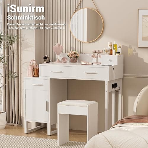 iSunirm Schminktisch Weiß – Kosmetiktisch ohne Spiegel mit Integrierter Ladestation Steckdosen + 2X USB Kleiner Vanity Desk mit 4 Schubladen, Reversibler Schranktür und Großer Ablagefläche thumbnail 4