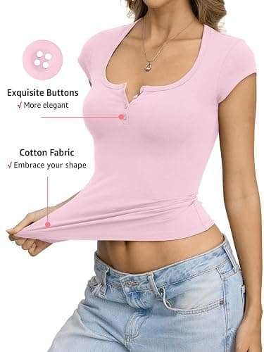 EasyGala Womens Cotton Henley Shirts Square Neck Short Sleeve Tops Slim Fit Summer T-Shirt Trendy Outfits Clothes 2026 thumbnail 3