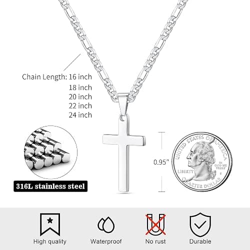 LUXEJEW Cross Necklace for Men - Silver/Gold/Black Stainless Steel Cross Pendant Necklace Figaro Link Chain 16-24 Inches thumbnail 6