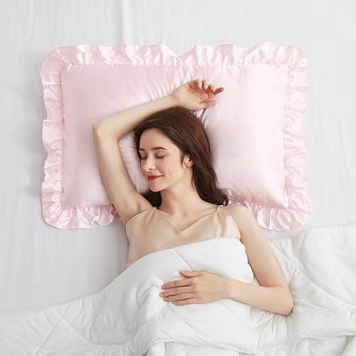 HommxJF Blush Pink Satin Ruffled Pillow Cases for Hair and Skin,Blush Pink Silk Pillowcases Standard Set of 2 with Envelope Closure Princess Room Decoration thumbnail 7