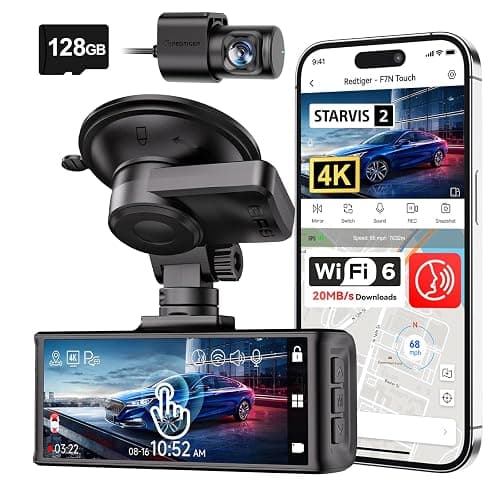 REDTIGER 4K STARVIS 2 Dashcam Front Rear, 5GHz WiFi 20MB/s, Free 128GB Card | Voice Control, Touch Screen, GPS, Loop Recording, Parking Mode, Audio Recording, WDR Night Vision, Supercapacitor(F7N Touch) - Image 1