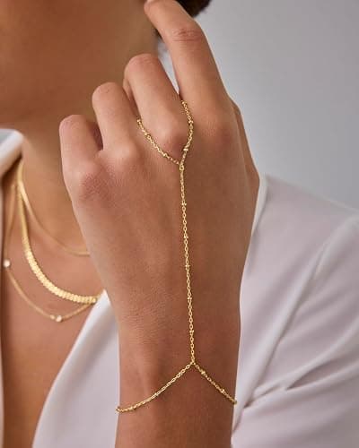 PAVOI 14K Gold Plated Hand Chains for Women - Adjustable Hand Chain Bracelet and Ring - Trendy Gold Handchain Bracelet Stack Summer Jewelry - Beads, Pearl, and Cubic Zirconia Body Jewelry thumbnail 2