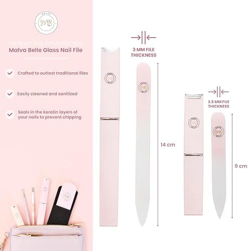 Malva Belle Crystal Glass Nail File Set for Women - 2 Pack Gift Set with Travel Cases - Best Reusable Files for Natural Nails & Gel - Professional Czech Glass - Great Gift for Women - Pink (3mm) thumbnail 3