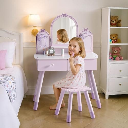 ROBUD Kids Vanity Table and Chair Set, Girls Vanity Set with Mirror, Pretend Play Kids Vanity, Makeup Dressing Table with Drawer and Accessories, Age 3+ (Purple) thumbnail 7