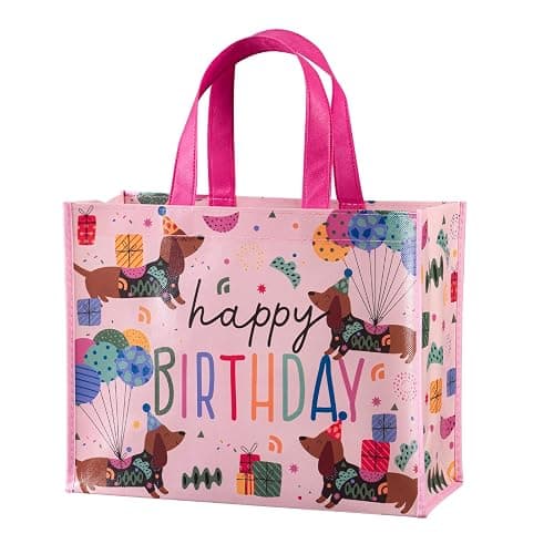 WRAPAHOLIC Large Reusable Pink Dachshund Birthday Gift Bag with Handles - 10 x 5 x 13 inch - Happy Bday Pink Dog Gift Bags for Kids Girls Birthday, Pet Lovers and Shopping - Image 1