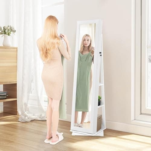 Moccha 2-in-1 Mirrored Jewelry Cabinet, 360 Rotating Free Standing Jewelry Armoire, Lockable Large Capacity Jewelry Organizer w/Full Length Mirror, Inside Makeup Mirror (White) thumbnail 9