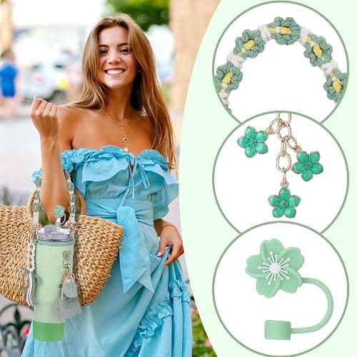 Mity rain 8PCS Cup Accessories Set for Stanley cup 20oz 30oz 40oz tumbler with handle, Including Water Bottle Handle Strap, Straw Topper Cover, Keychain Charms, Boot, Kids Cup Decorate(Green) thumbnail 5