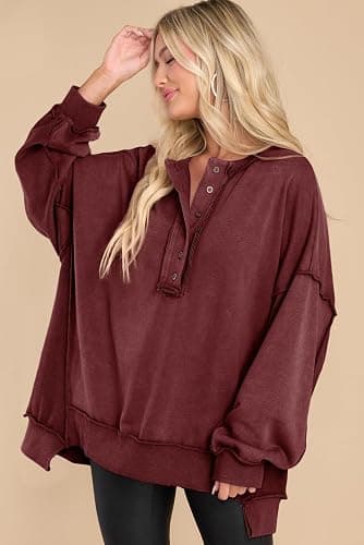 AlvaQ Sweatshirt for Women Oversized Casual Long Sleeve Button Henley Neck Pullover Tunic Tops Fall Fashion Outfits thumbnail 5