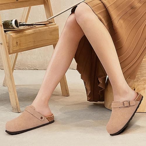 KIDMI Women's Suede Clogs with Back Strap Men's Leather Mules Cork Footbed Slip on Potato Shoes thumbnail 2