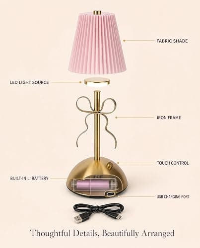 Sorandy Bow Table Lamp, LED Rechargeable Cute Bow Lamp, Modern Decorative Bedside Light with Fabric Shade, Ideal for Bedroom, Living Room & Desk Decor, Princess Rooms, 1200mAh Li Battery (Roseate) thumbnail 5