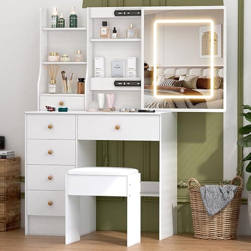 Umeiga Vanity Desk with Sliding Mirror and LED Lights, Small Makeup Vanity Table Set with Chair and Drawers, White Vanity with Lighted Mirror for Bedroom, Dressing Table for Teen Girls and Women - Image 1