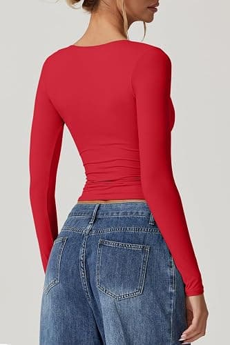 QINSEN Women's Long Sleeve V Neck T Shirts Double Lined Crop Top Seamed Cup Going Out Tops thumbnail 2