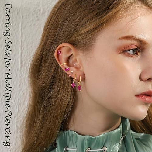 FIRSAUKI Earring Sets for Multiple Piercing Small Gold Earring Stack 14K Gold/Silver Plated Huggie Hoop Earrings for Women Hypoallergenic Cartilage Stud Gold and Green Earring Set - F:Pink CZ thumbnail 2
