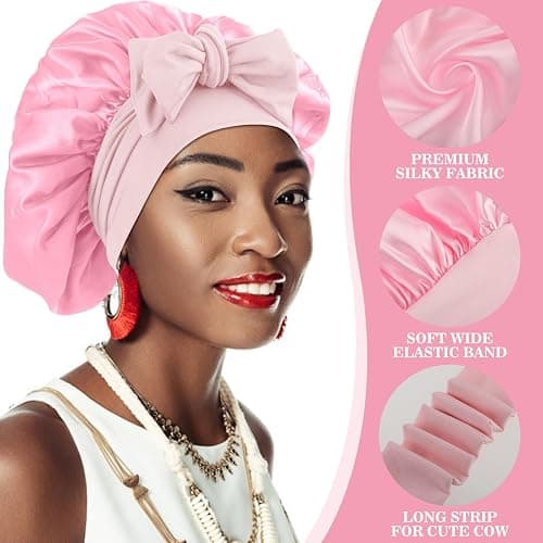 Abeillo Silk Sleep Bonnets for Women, 1PC Adjustable Satin Night Sleeping Cap Soft Elastic Band Silk Bonnets for Sleeping, Hair Bonnet with Tie Band for Curly Hair Braid Women (Pink) thumbnail 2
