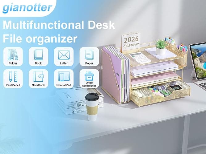 gianotter Desk Organizers and Accessories with File Holder, 4-Tier Desk Accessories & Workspace Organizers with Drawer and 2 Pen Holder, Paper Organizer for Office Supplies(Gold) thumbnail 6
