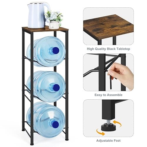 5 Gallon Water Jug Holder 3-Tiers Water Dispenser Stand Rack, Water Bottle Organizer with Storage Shelves for Kitchen Living Room Office, Rustic Brown - Square Tube Brown thumbnail 4