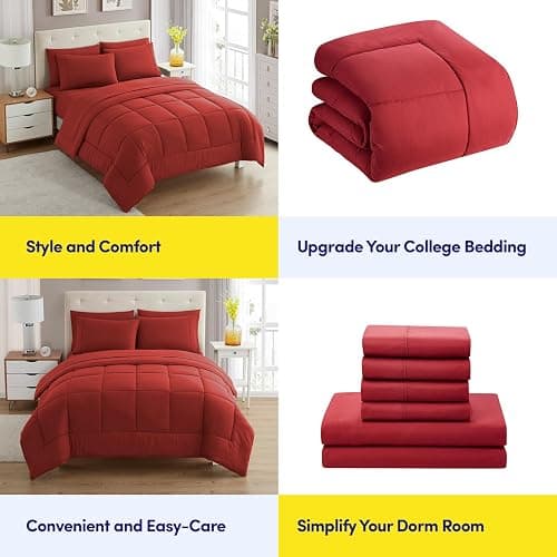 Dorm Room Essentials College Bedding Comforter Set 5 Piece Twin XL Size Bed in a Bag for College Students Boys and Girls, Twin XL, Red - Twin XL - Red thumbnail 6