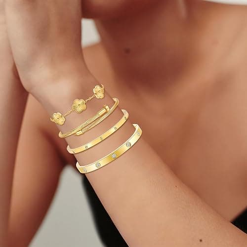 ISELBDR 18K Gold Bracelets for Women - Stackable Clover & Nail Love Bangle Set - Non-Tarnish Stainless Steel Jewelry Gift for Valentine's, Mother's Day & Christmas thumbnail 2