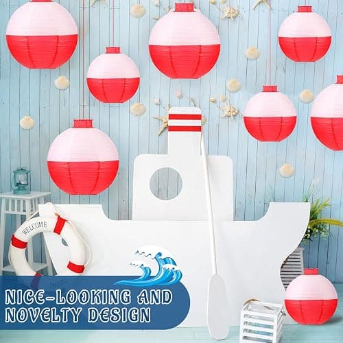 Set of 12 Fishing Bobber Round Paper Hanging Lanterns Fishing Birthday Decorations Hanging Paper Lanterns for Fishermen Theme Party Decoration Supplies, 12 Inches, 8 Inches (Red and White) thumbnail 6